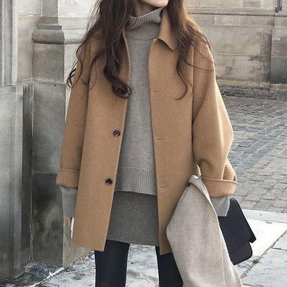 Cozy Mid-Length Women's Coat with Button Closure – Loose Fit, Non-Stretchable, Winter Essential 0