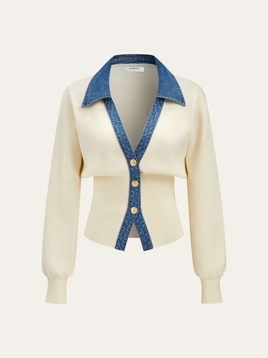 Denim Collar Metal Button V-Neck Knit Top 0