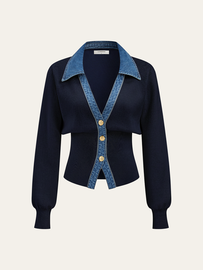 Denim Collar Metal Button V-Neck Knit Top 4