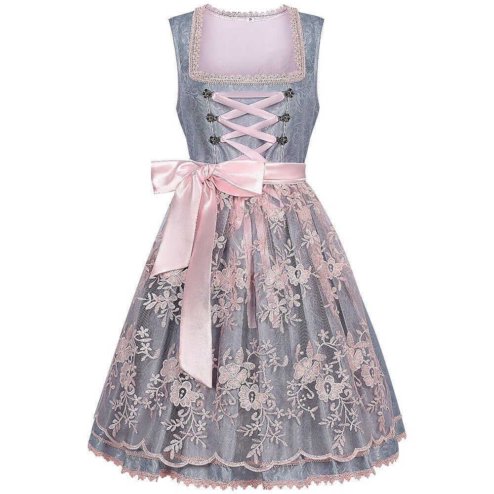 Dirndl dress in grey – Oktoberfest | With pink lace apron for an elegant traditional style 0