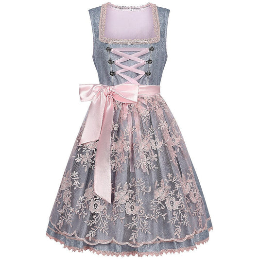 Dirndl dress in grey – Oktoberfest | With pink lace apron for an elegant traditional style 0