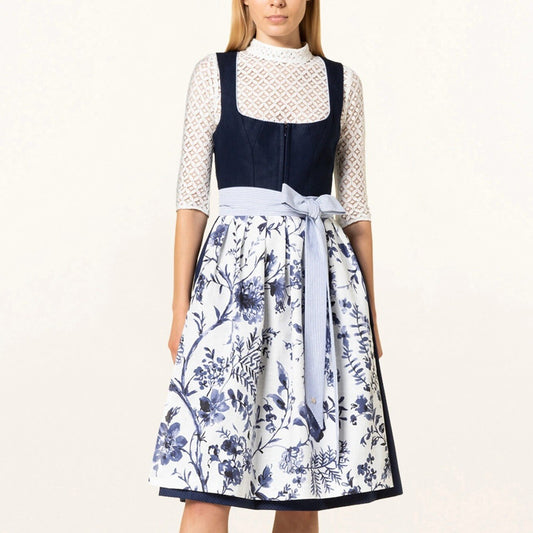 Dirndl dress with blue floral pattern – Oktoberfest | Romantic traditional dress with apron 0