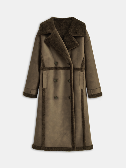 Double-Breasted Fleece Lined Faux Leather Longline Coat 7