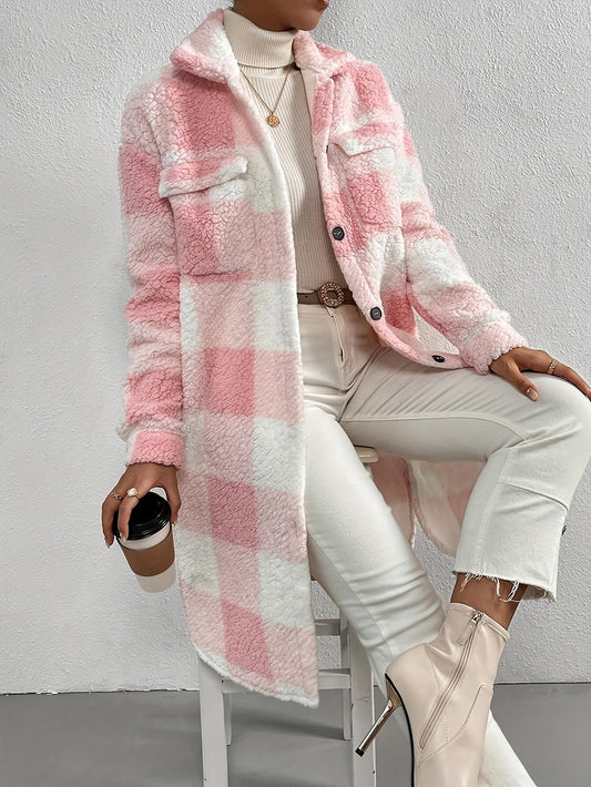 Elena | Cozy Stylish Long Plaid Teddy Fleece Winter Coat for Women 0