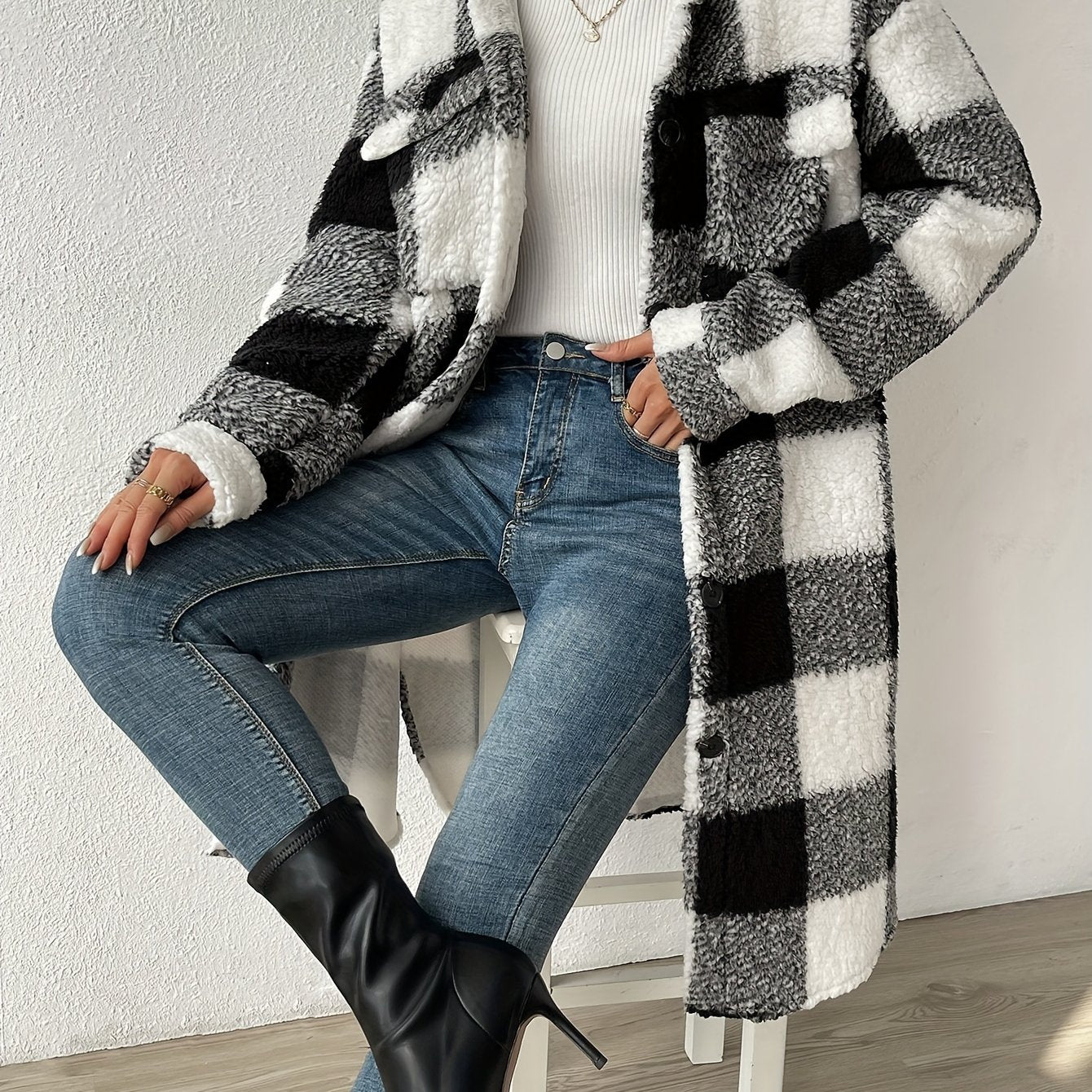 Elena | Cozy Stylish Long Plaid Teddy Fleece Winter Coat for Women 1