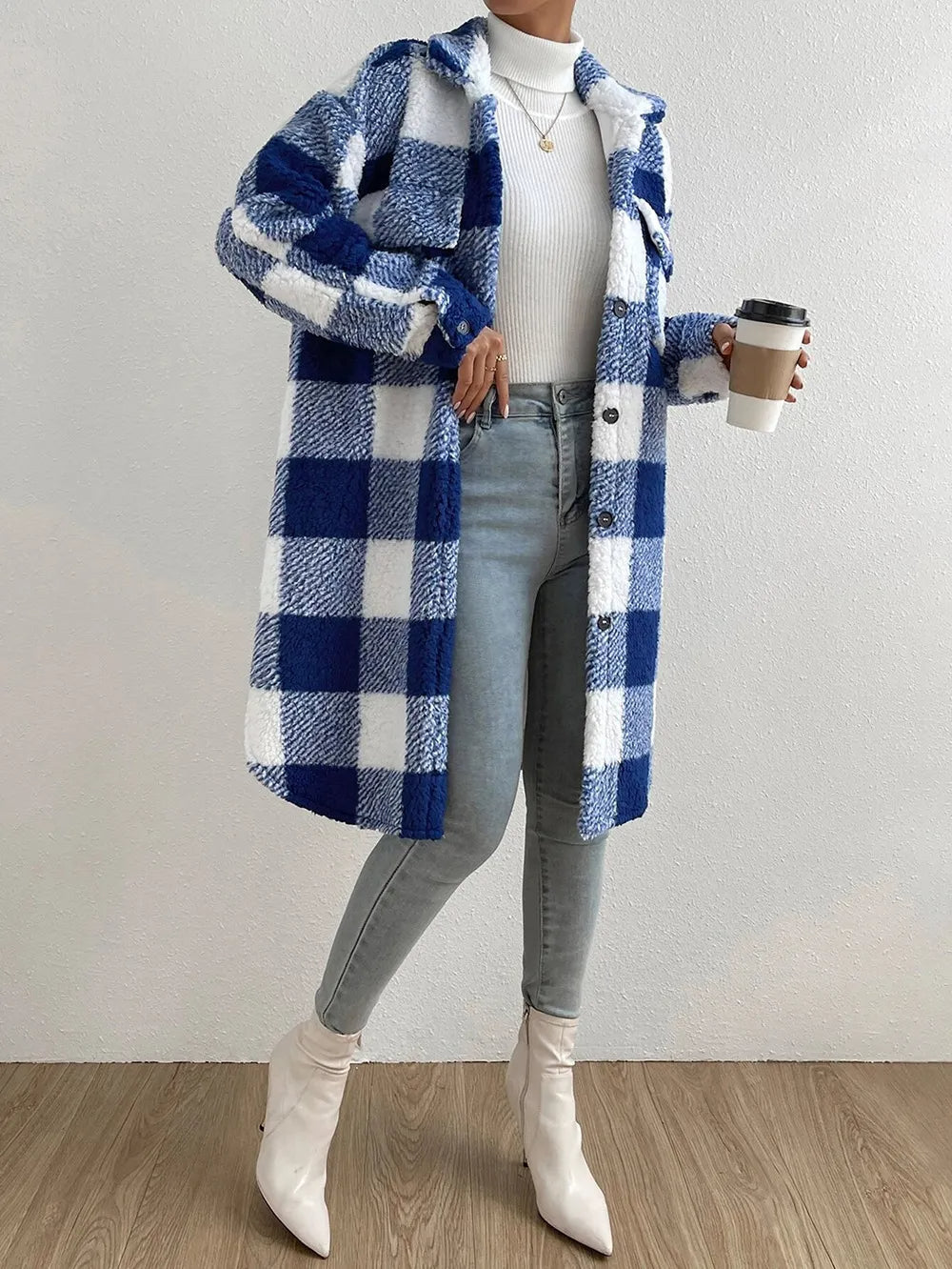 Elena | Cozy Stylish Long Plaid Teddy Fleece Winter Coat for Women 2