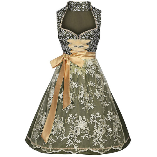 Embroidered dirndl dress in green – Oktoberfest | Elegant traditional dress with apron 0