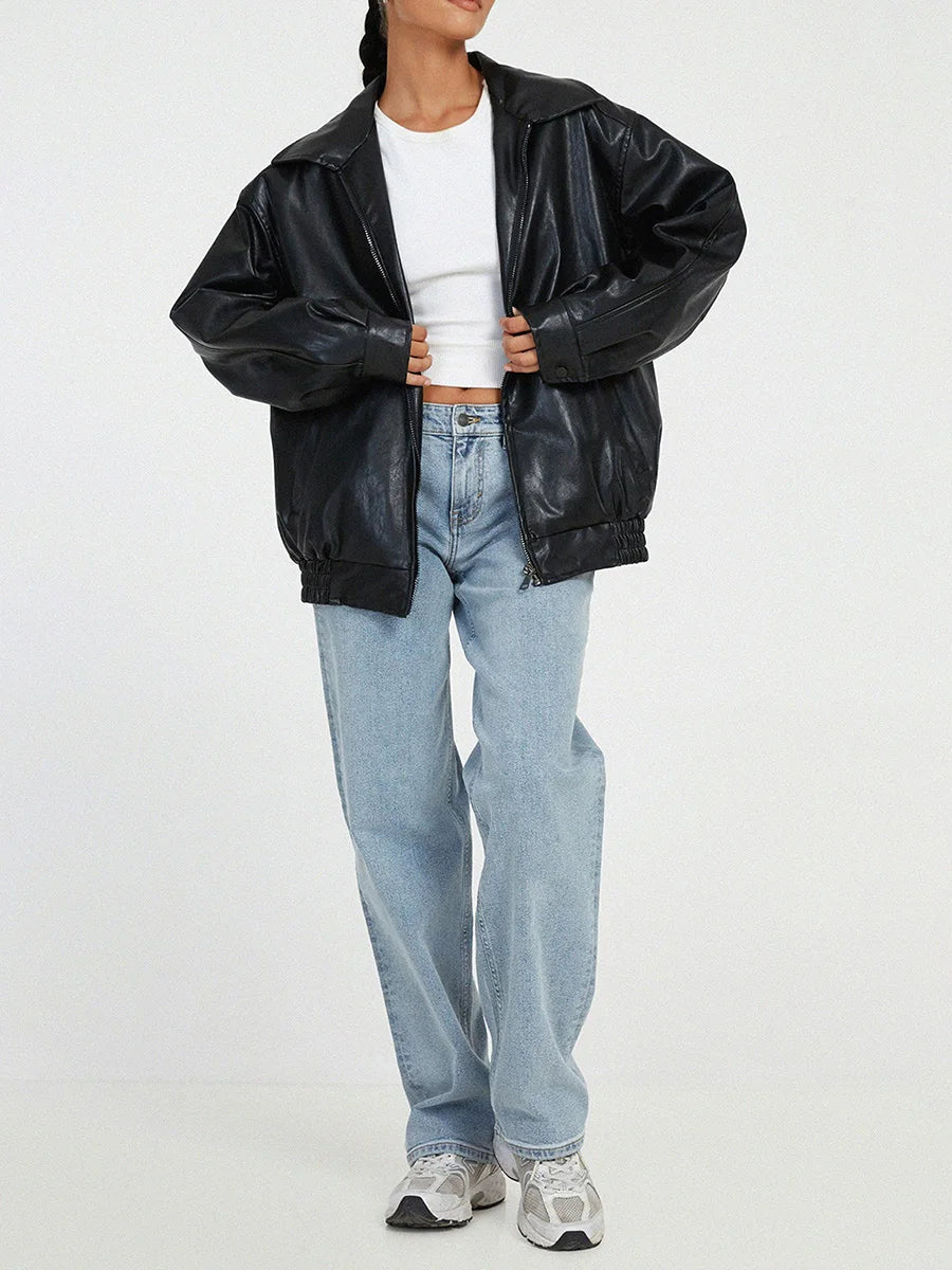 Emily | Stylish Oversized Leather Bomber Jacket Women 1