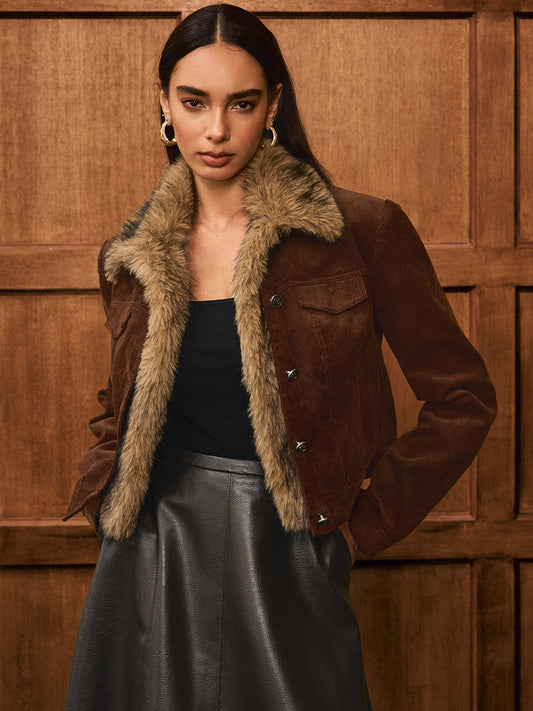 Faux Fur Collar Corduroy Jacket 0