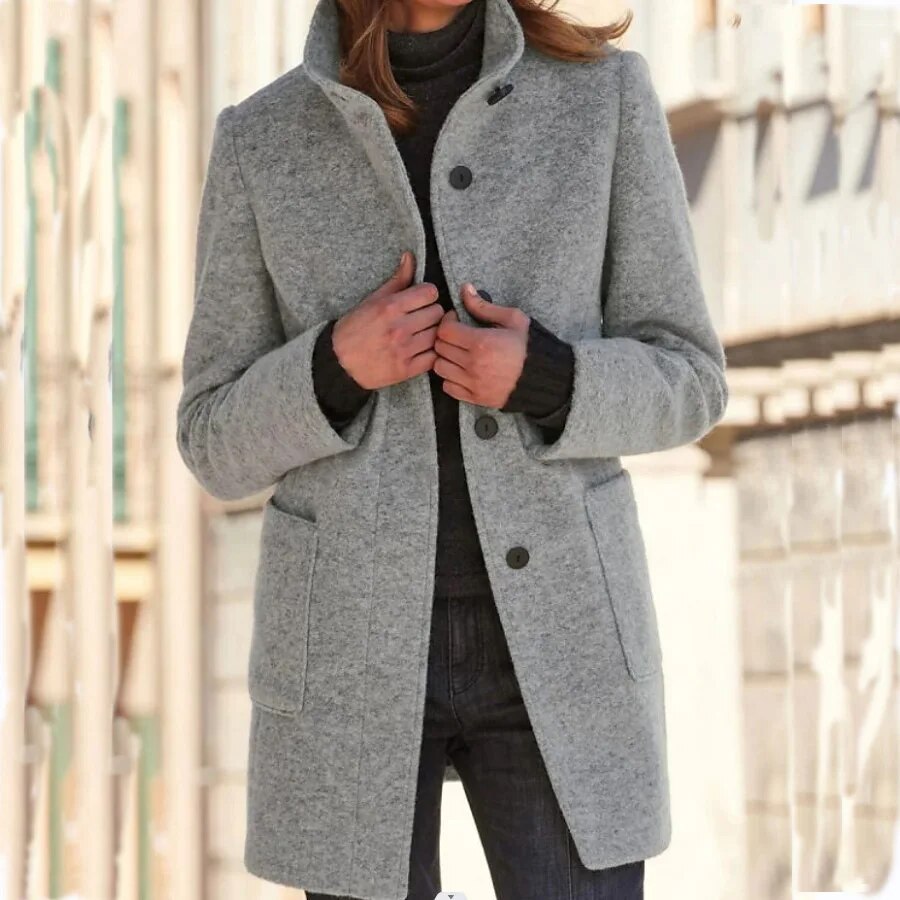 Gray Long Wool Coat for Women with Stand Collar and Pockets – Elegant Winter Outerwear 0