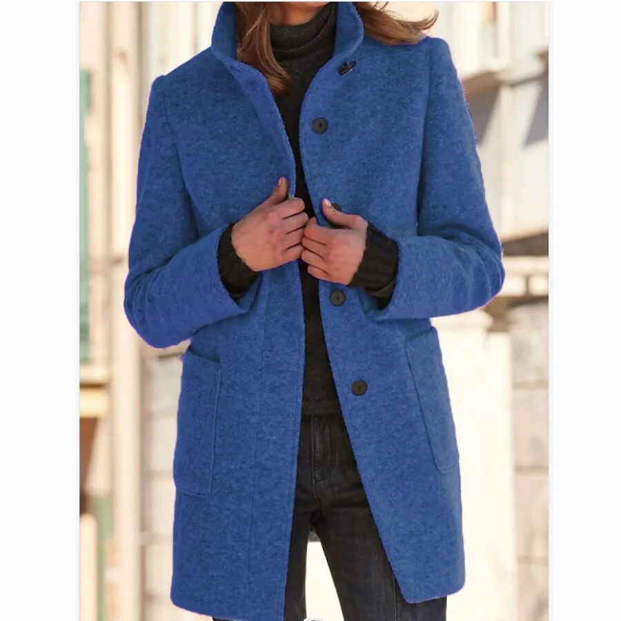 Gray Long Wool Coat for Women with Stand Collar and Pockets – Elegant Winter Outerwear 1