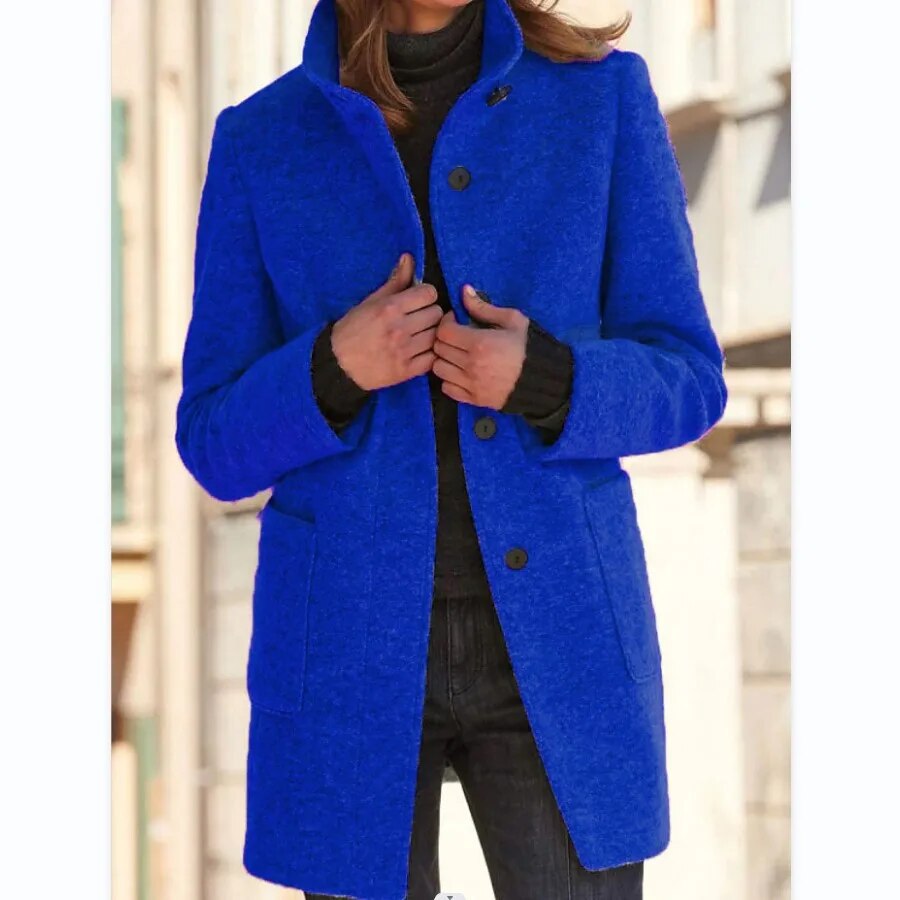 Gray Long Wool Coat for Women with Stand Collar and Pockets – Elegant Winter Outerwear 2
