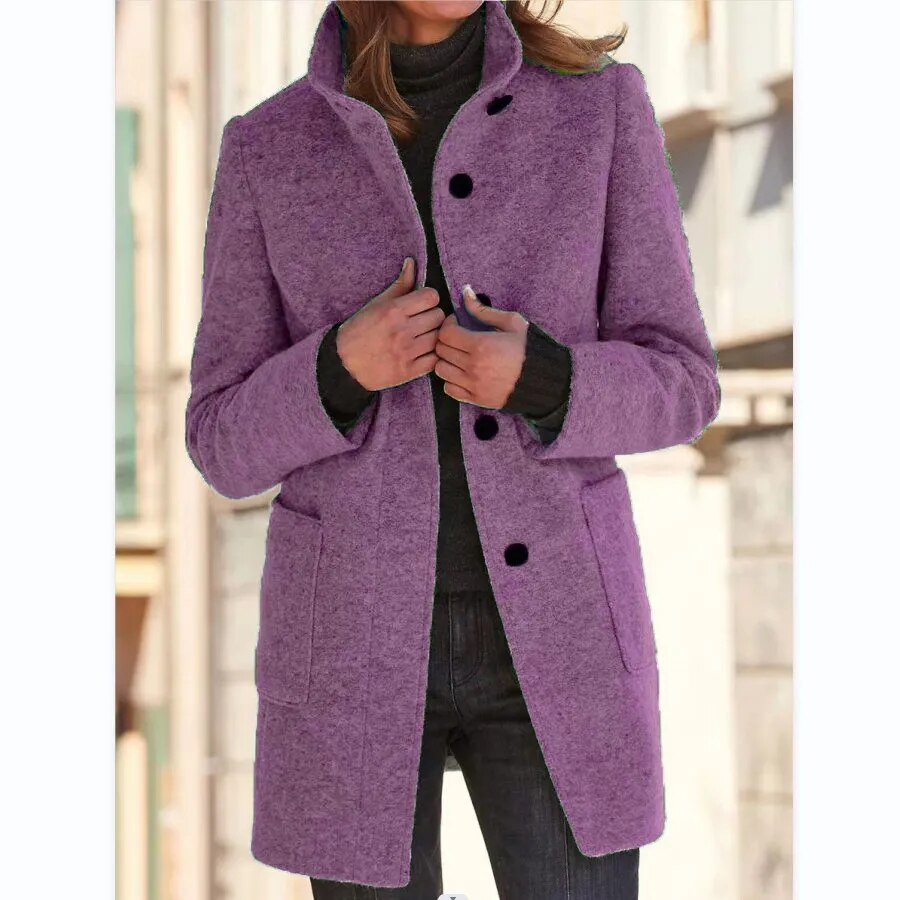 Gray Long Wool Coat for Women with Stand Collar and Pockets – Elegant Winter Outerwear 3