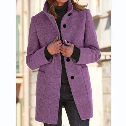 Gray Long Wool Coat for Women with Stand Collar and Pockets – Elegant Winter Outerwear 3