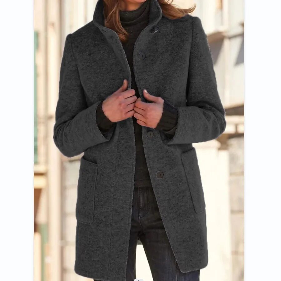 Gray Long Wool Coat for Women with Stand Collar and Pockets – Elegant Winter Outerwear 4