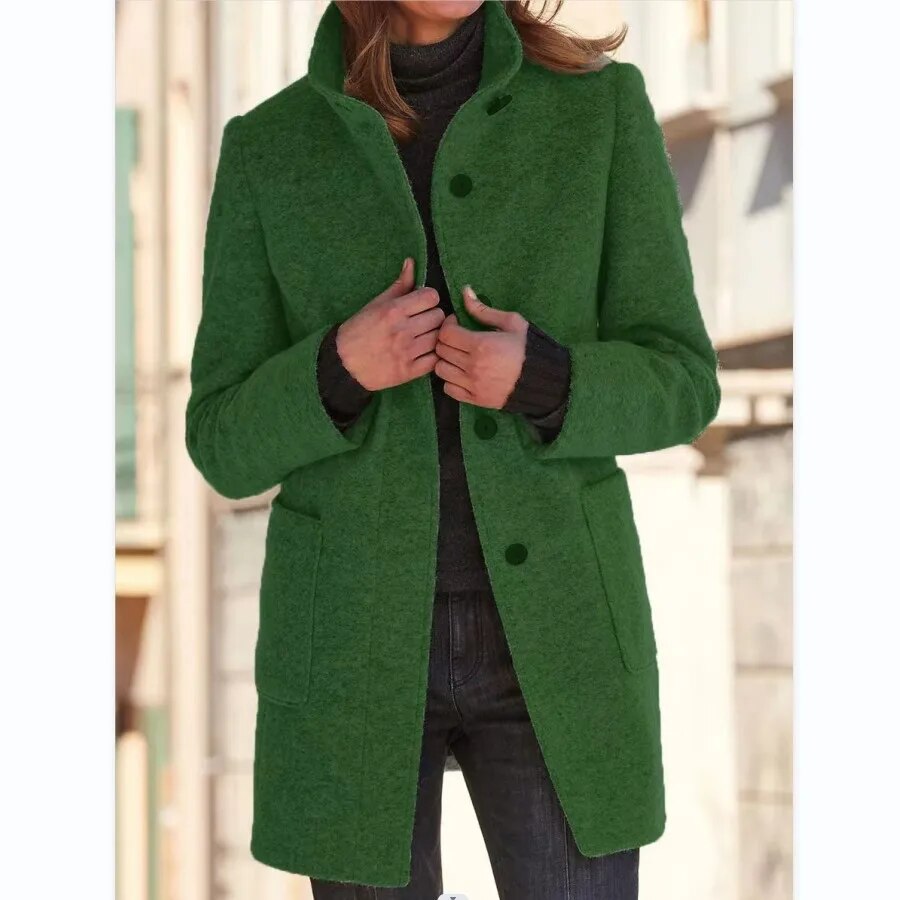 Gray Long Wool Coat for Women with Stand Collar and Pockets – Elegant Winter Outerwear 5