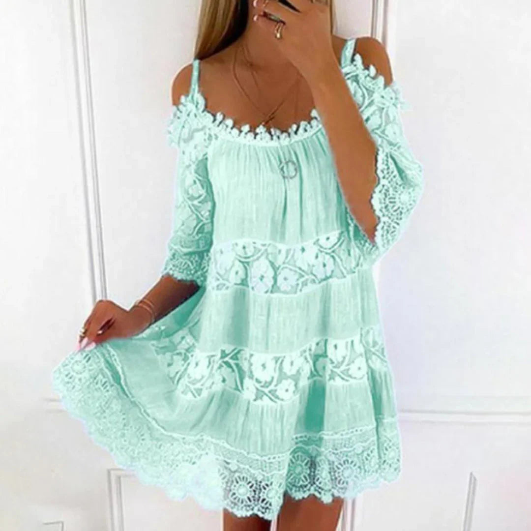 Mila Women's Summer Dress - Crocheted Lace Cold Shoulder Mini Dress-5
