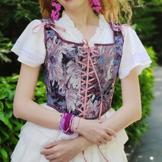 Herringbone jacquard corset – Cottagecore | With front straps for a romantic vintage look 0