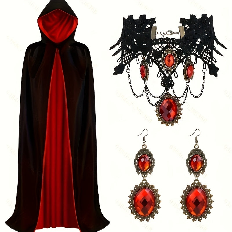 Hooded Gothic Halloween Vampire Costume Set | Cape Jewelry 0