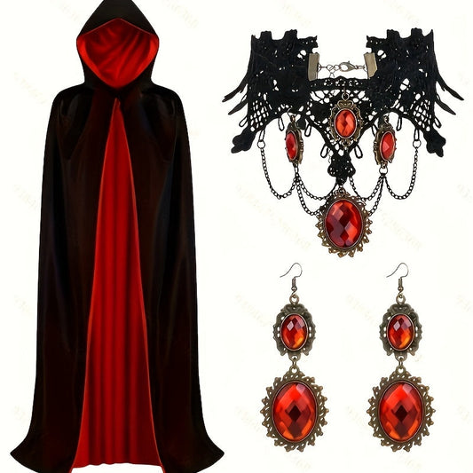 Hooded Gothic Halloween Vampire Costume Set | Cape Jewelry 0