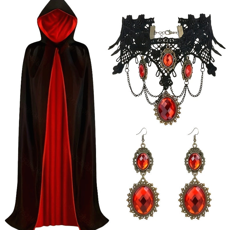 Hooded Gothic Halloween Vampire Costume Set | Cape Jewelry 2