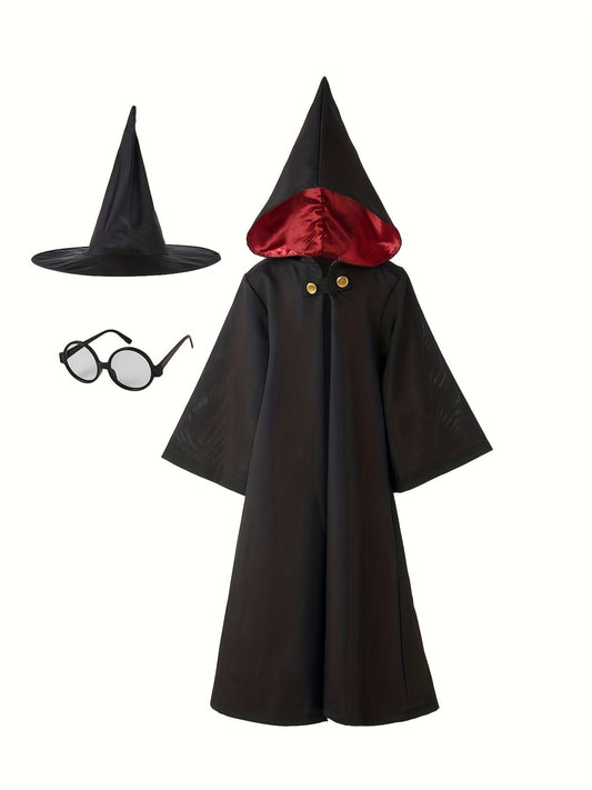 Kids Hooded Wizard Halloween Costume Set | Robe Glasses Hat 0
