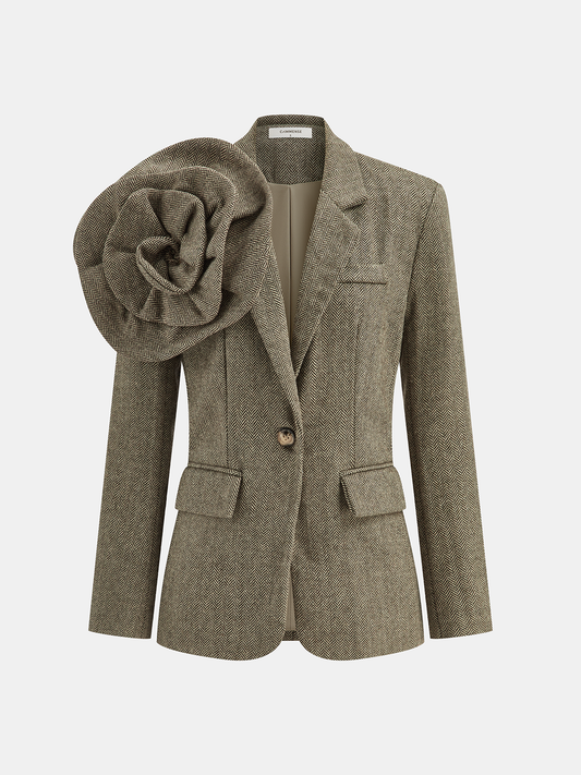Large 3D Flower Single Button Tweed Blazer 0