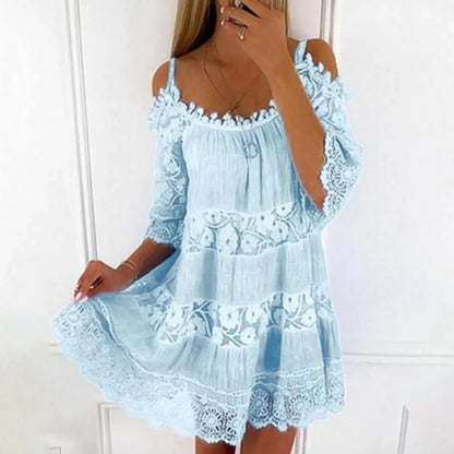 Variant image for Mila Women's Summer Dress - Crocheted Lace Cold Shoulder Mini Dress-17