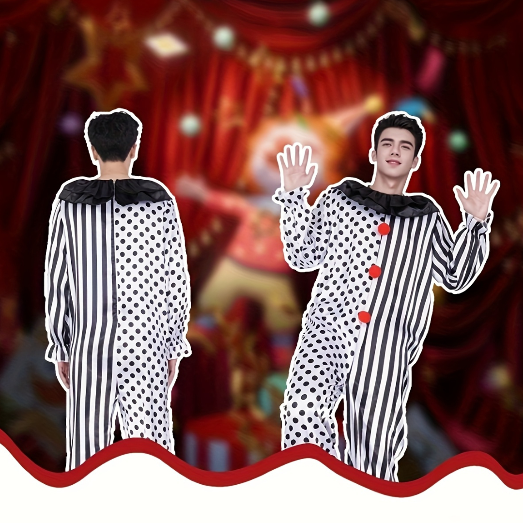 Men’s Funny Halloween Clown Costume Jumpsuit | Polka Dot Striped 4