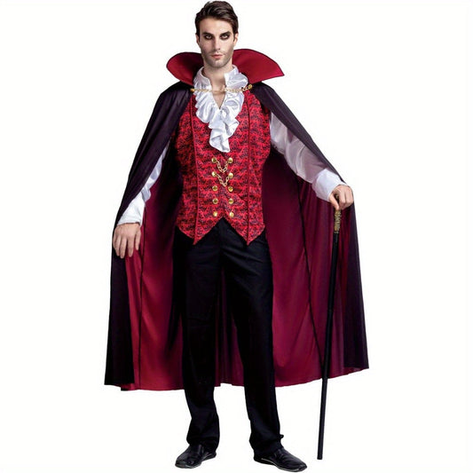 Men’s Gothic Vampire Halloween Costume | Long Cape Ruffled Shirt 0