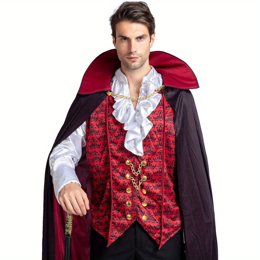 Men’s Gothic Vampire Halloween Costume | Long Cape Ruffled Shirt 3