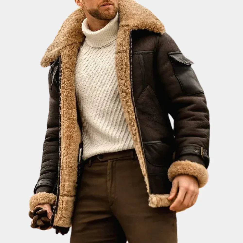 Men's Leather Winter Jacket with Aviator Style 0