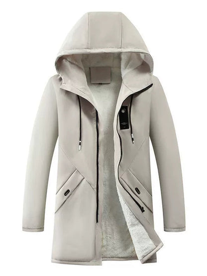 Men's Mid-Length Hooded Fleece Jacket - Windproof Casual Winter Coat for Outdoor Activities 0