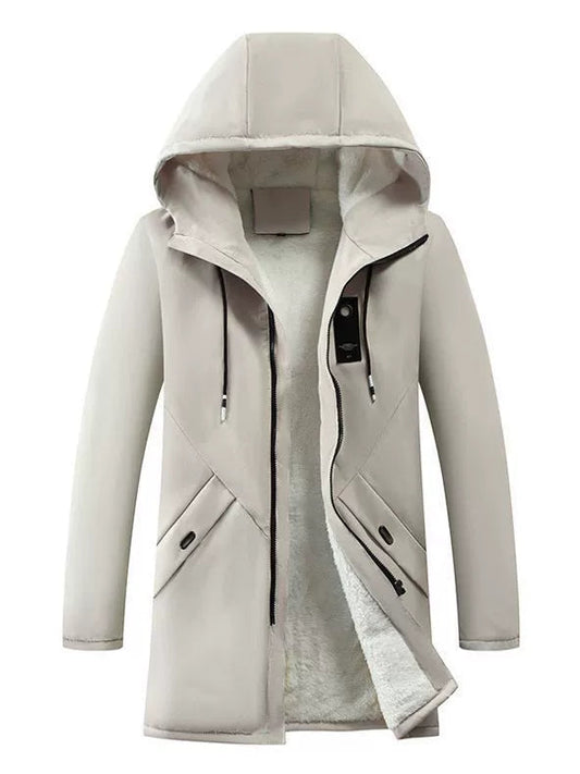 Men's Mid-Length Hooded Fleece Jacket - Windproof Casual Winter Coat for Outdoor Activities 0