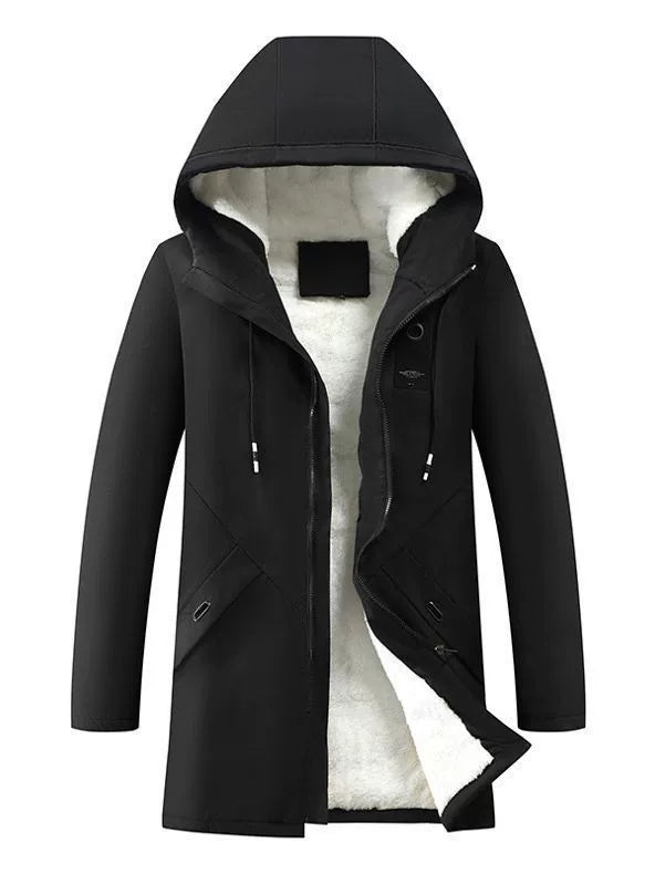 Men's Mid-Length Hooded Fleece Jacket - Windproof Casual Winter Coat for Outdoor Activities 3