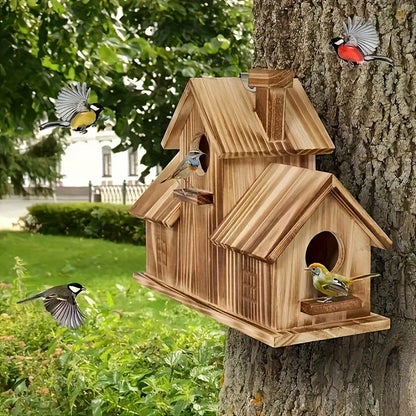 NaturNest | Charming Rustic Wooden Multi-Nest Birdhouse Feeder 0