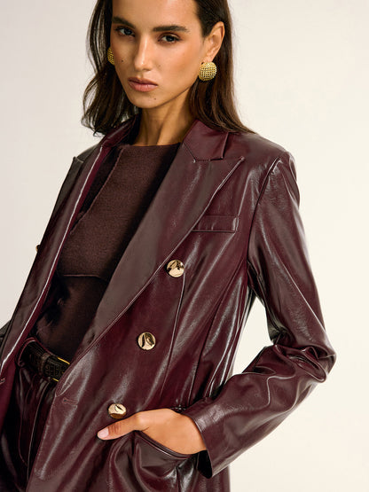 PU Leather Metal Button Lapel Pocket Blazer 4