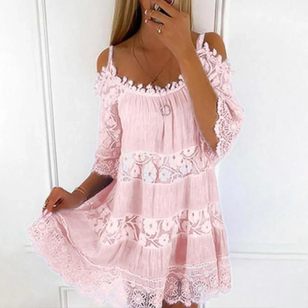 Mila Women's Summer Dress - Crocheted Lace Cold Shoulder Mini Dress-3