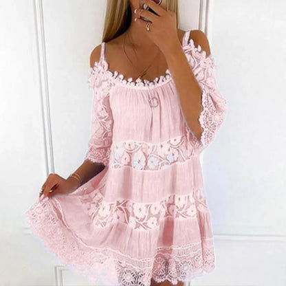 Mila Women's Summer Dress - Crocheted Lace Cold Shoulder Mini Dress-3