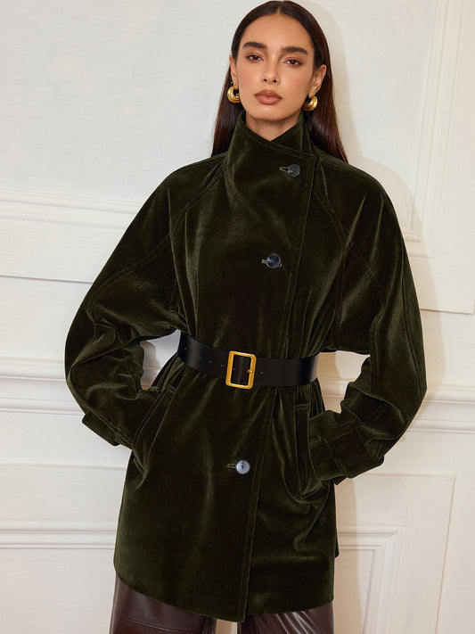 Pocketed Velvet Coat without Belt 0