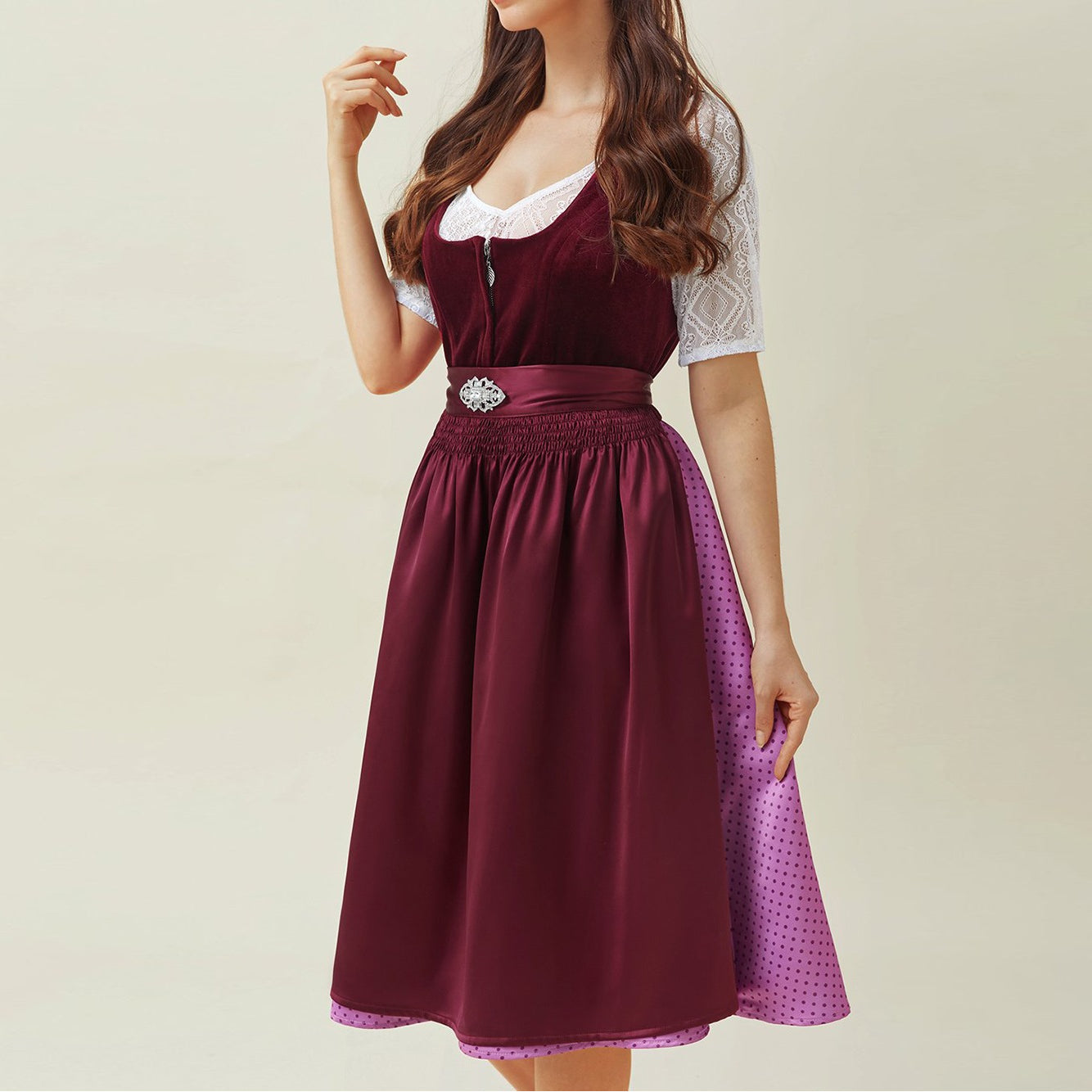Purple dirndl dress with apron – Oktoberfest | Elegant traditional dress for a feminine look 1