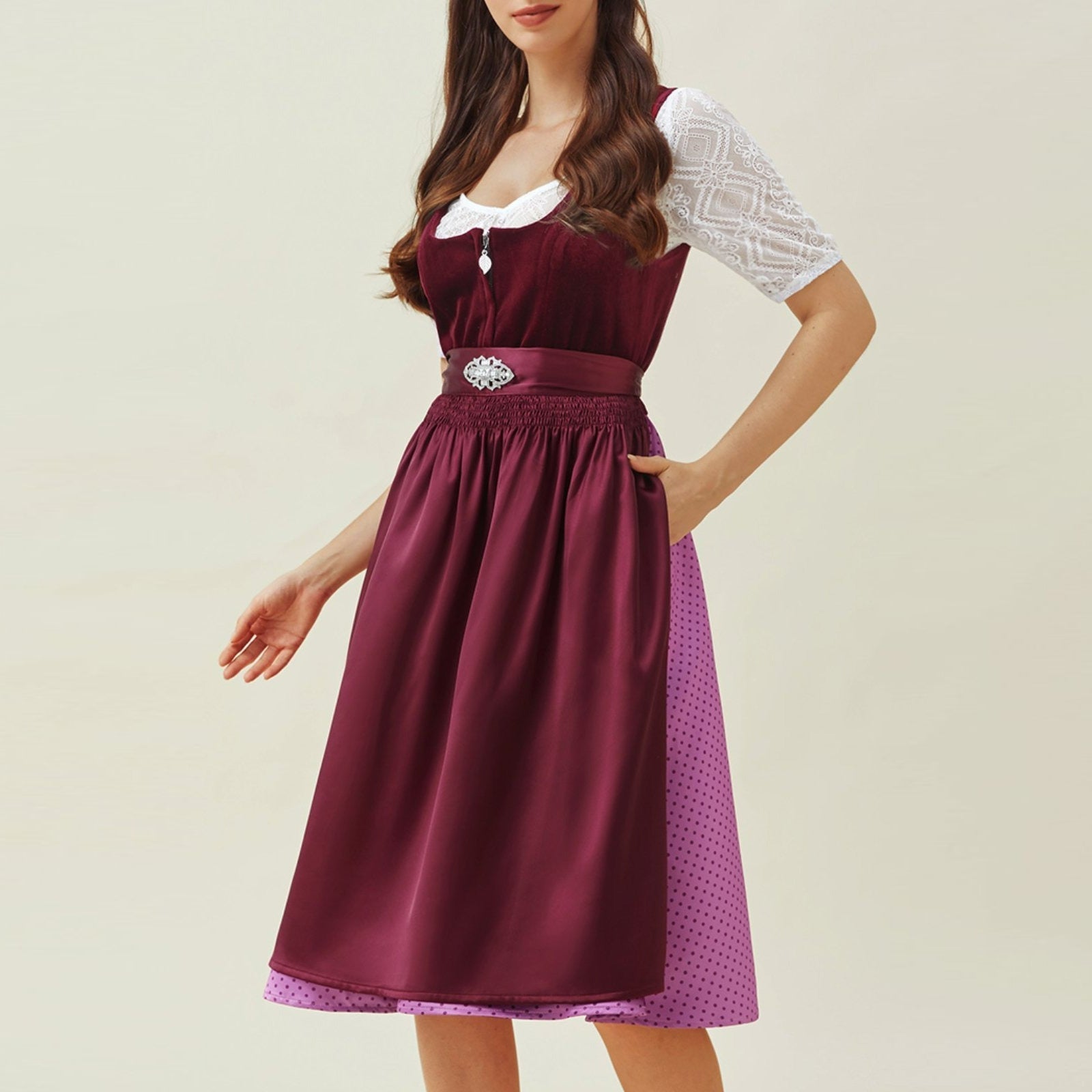 Purple dirndl dress with apron – Oktoberfest | Elegant traditional dress for a feminine look 2