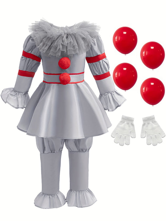 Scary Long Sleeve Halloween Clown Costume Set | Jumpsuit Gloves 0