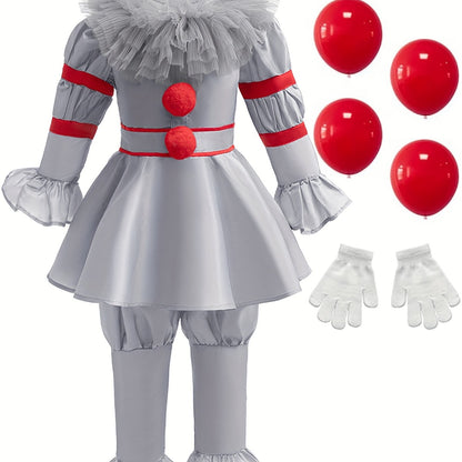 Scary Long Sleeve Halloween Clown Costume Set | Jumpsuit Gloves 6