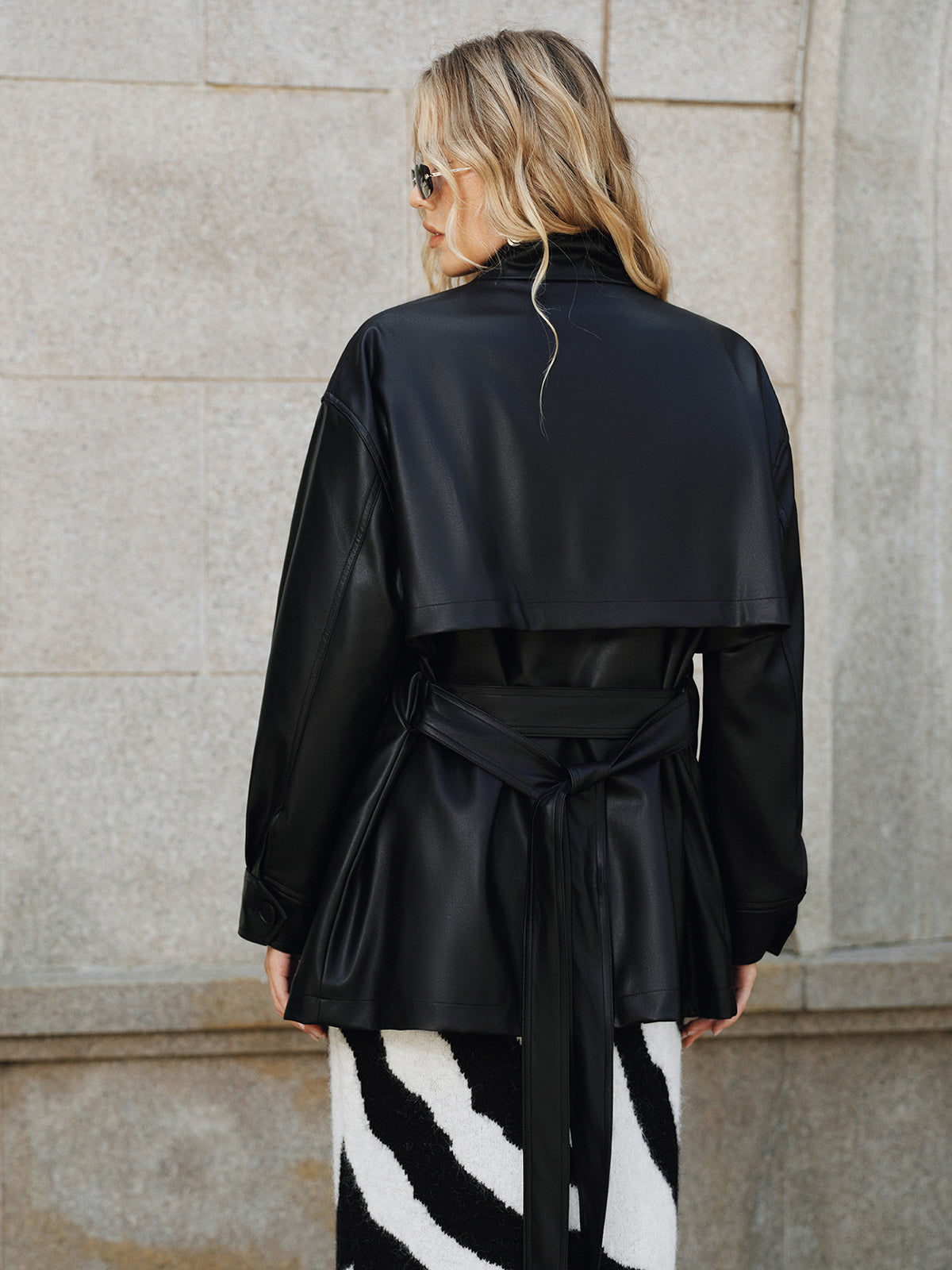 Stand Collar Belted PU Leather Quilted Jacket 5