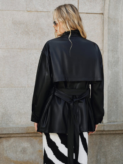 Stand Collar Belted PU Leather Quilted Jacket 5