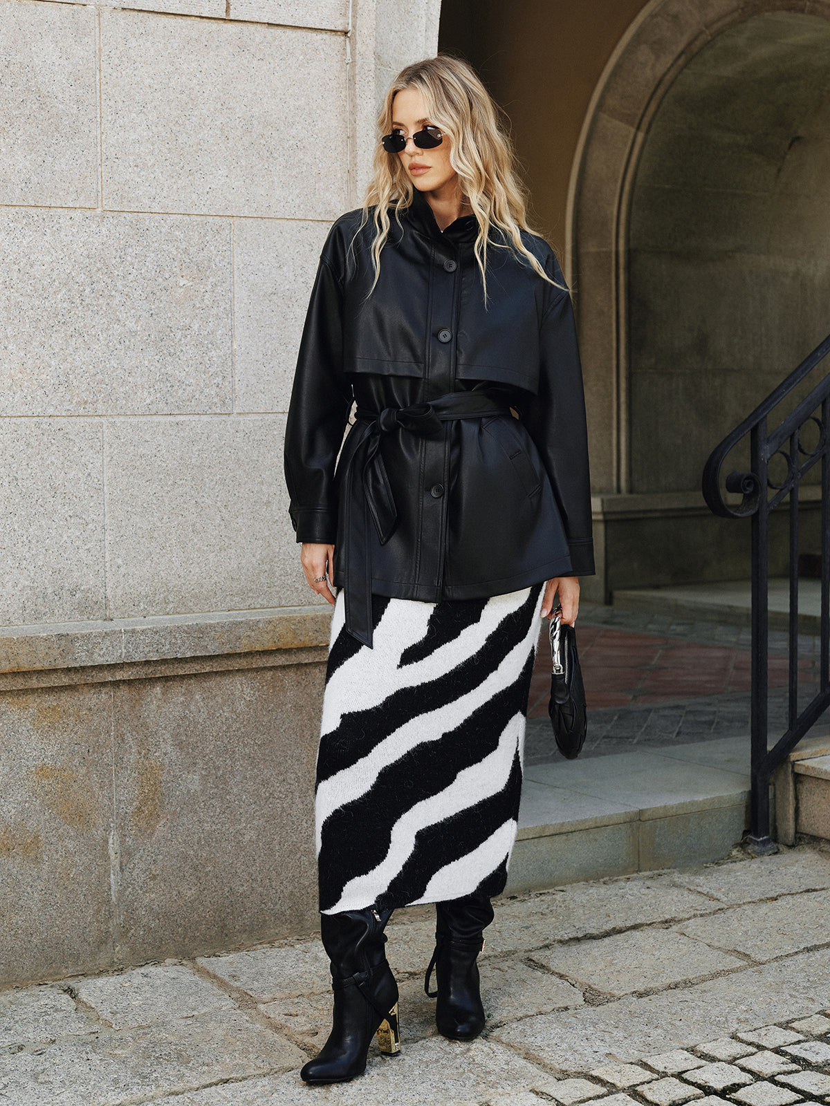 Stand Collar Belted PU Leather Quilted Jacket 6