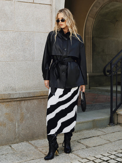 Stand Collar Belted PU Leather Quilted Jacket 6