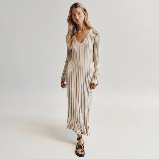 Stone-Knitted Long Sleeve Maxi Dress with Adjustable Waist for Women-1