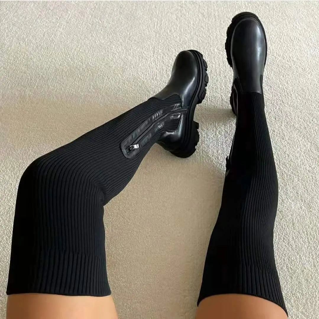 Stretch Knit Knee High Boots for Women - Comfortable Black Long Boots with Sleek Design 2